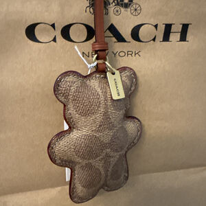 Coach Bear Puffy Bag Charm Signature Coach Canvas Leather Strap Key Holder CCX44